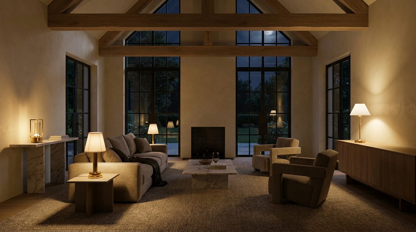 Woonkamer van een luxe villa waarin drie Lumorio tafellampen warme lichtpoelen werpen